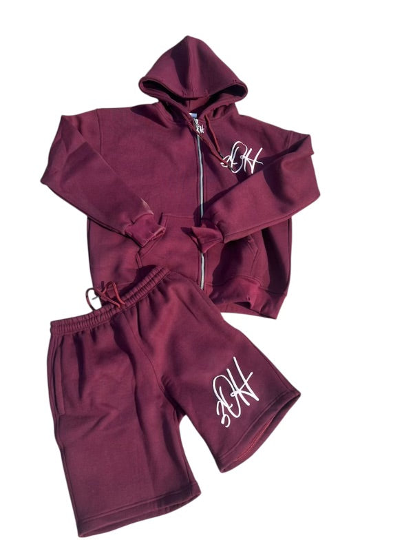 Burgundy "3OH" unisex shorts hoodie set